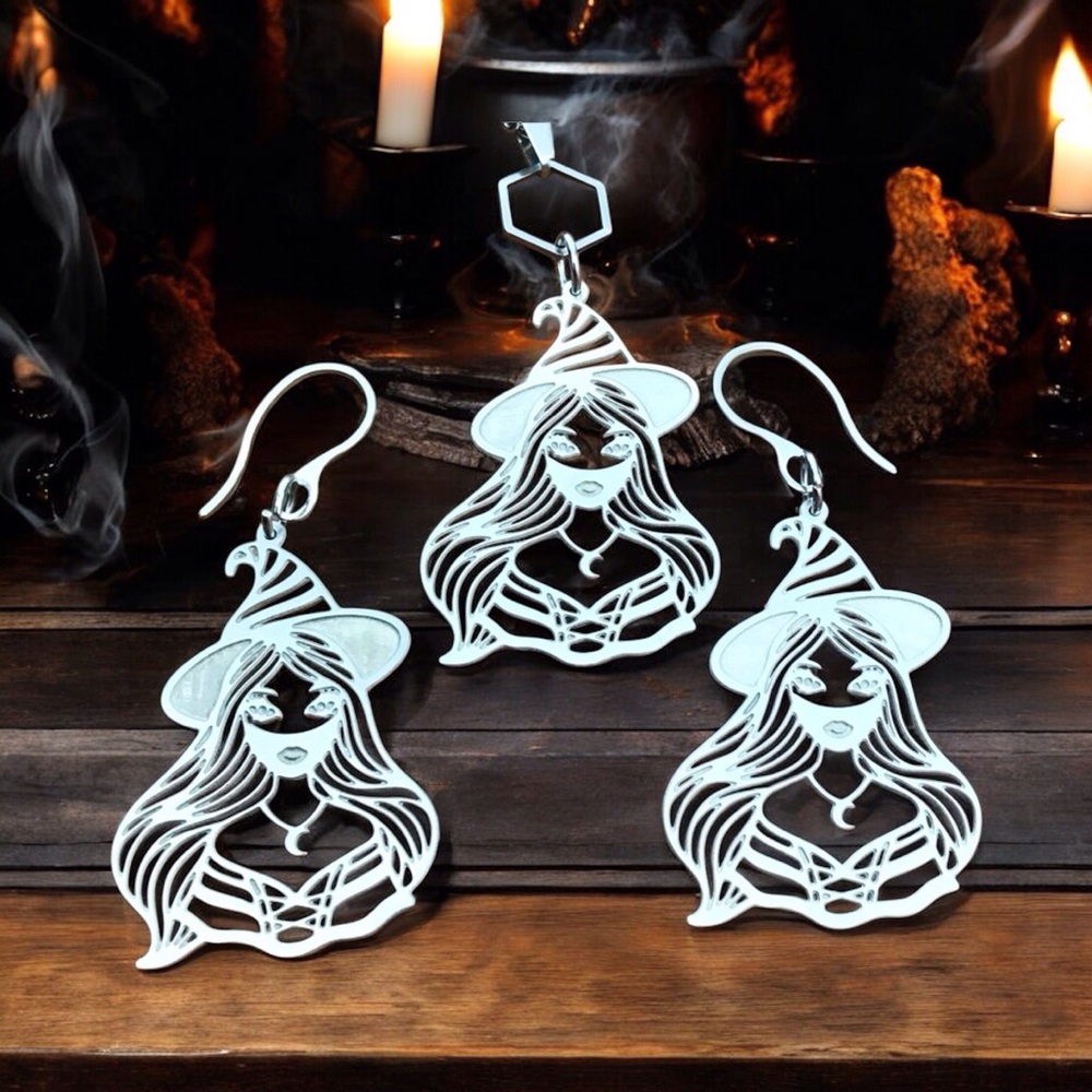 🆕 Witch Laser Etched Necklace and Earrings Set Stainless Steel